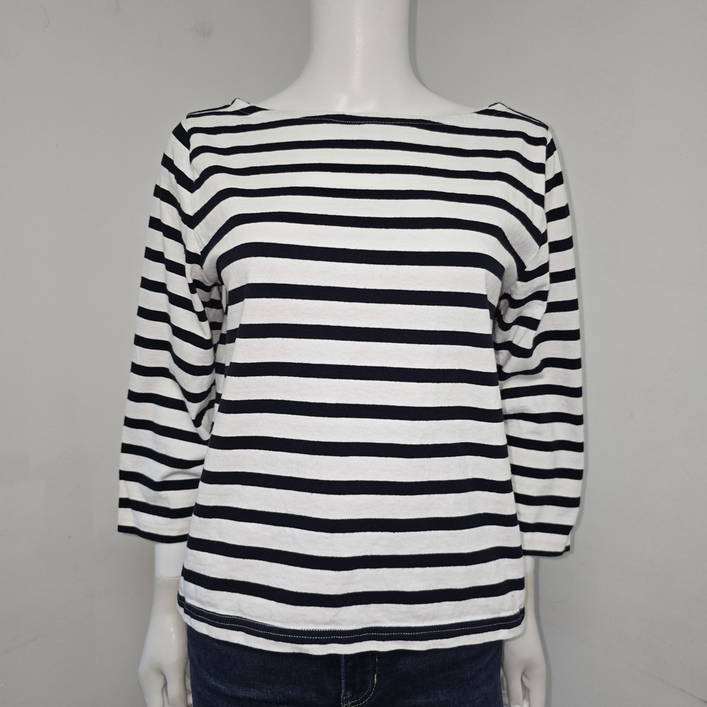 J Crew Mariner Top Shirt Size M Boatneck Black White Stripe Womens 3/4 Sleeve